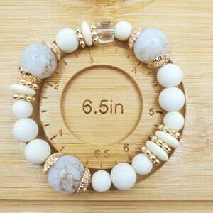 Stretch Bracelet With White & Gold Glass Beads 6.5-Inch Size Elegant Jewelry